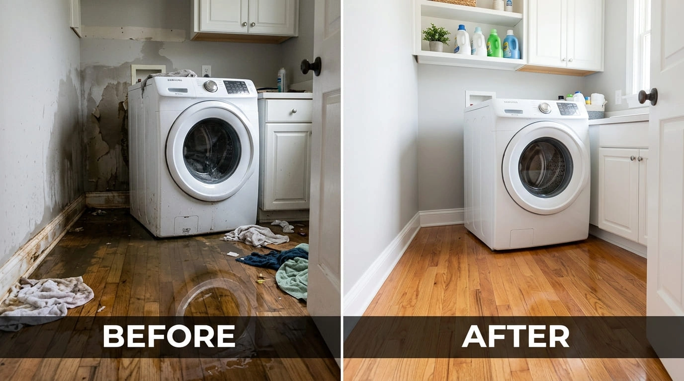 Appliance Leak Water Damage Cleanup Before and After Mont Long Restoration Longmont CO