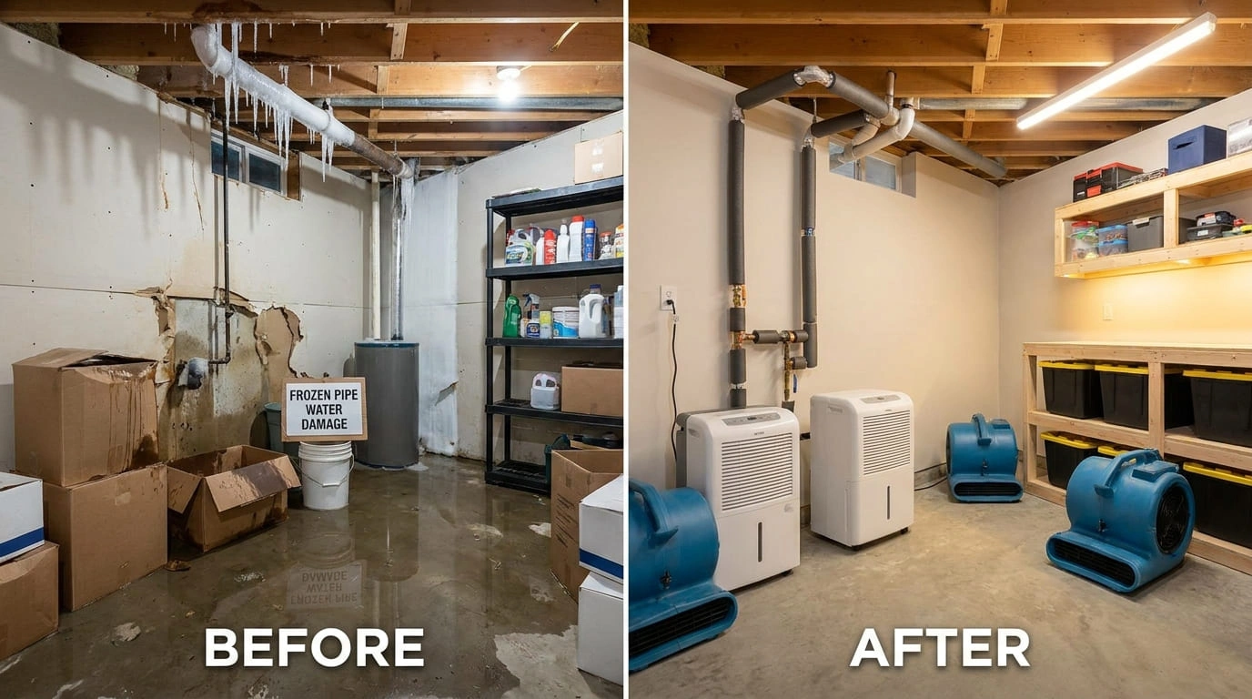 Frozen Pipe Water Damage Cleanup Before After Longmont CO