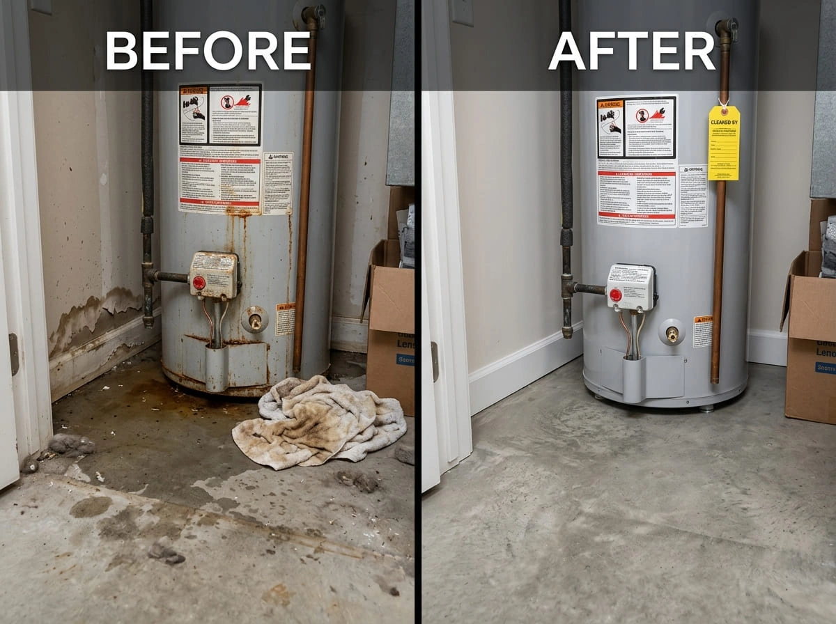 Water Heater Leak Cleanup Before and After Mont Long Restoration Longmont CO